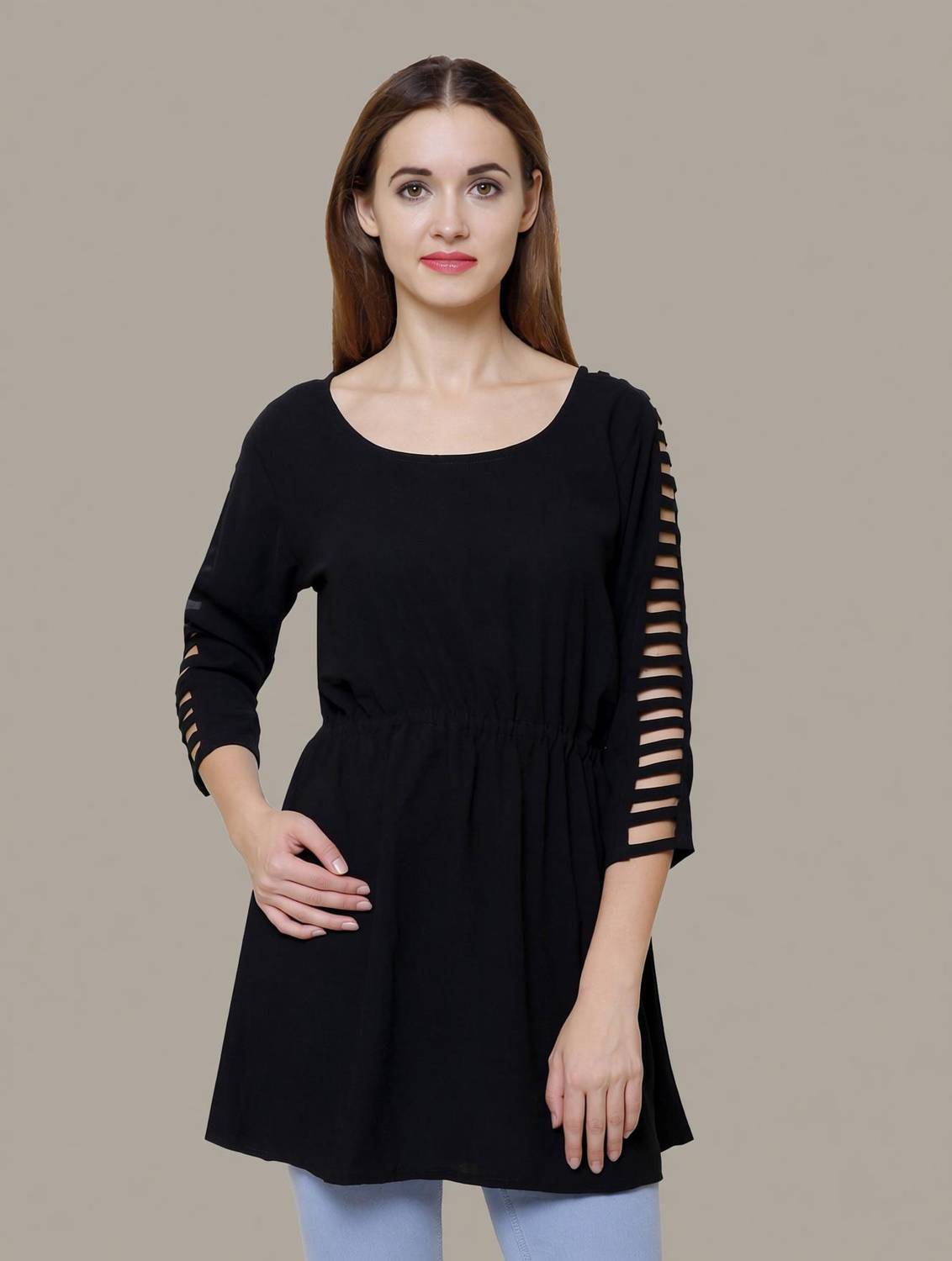 Beautylife Casual Cutout Sleeve Solid Women Black Top