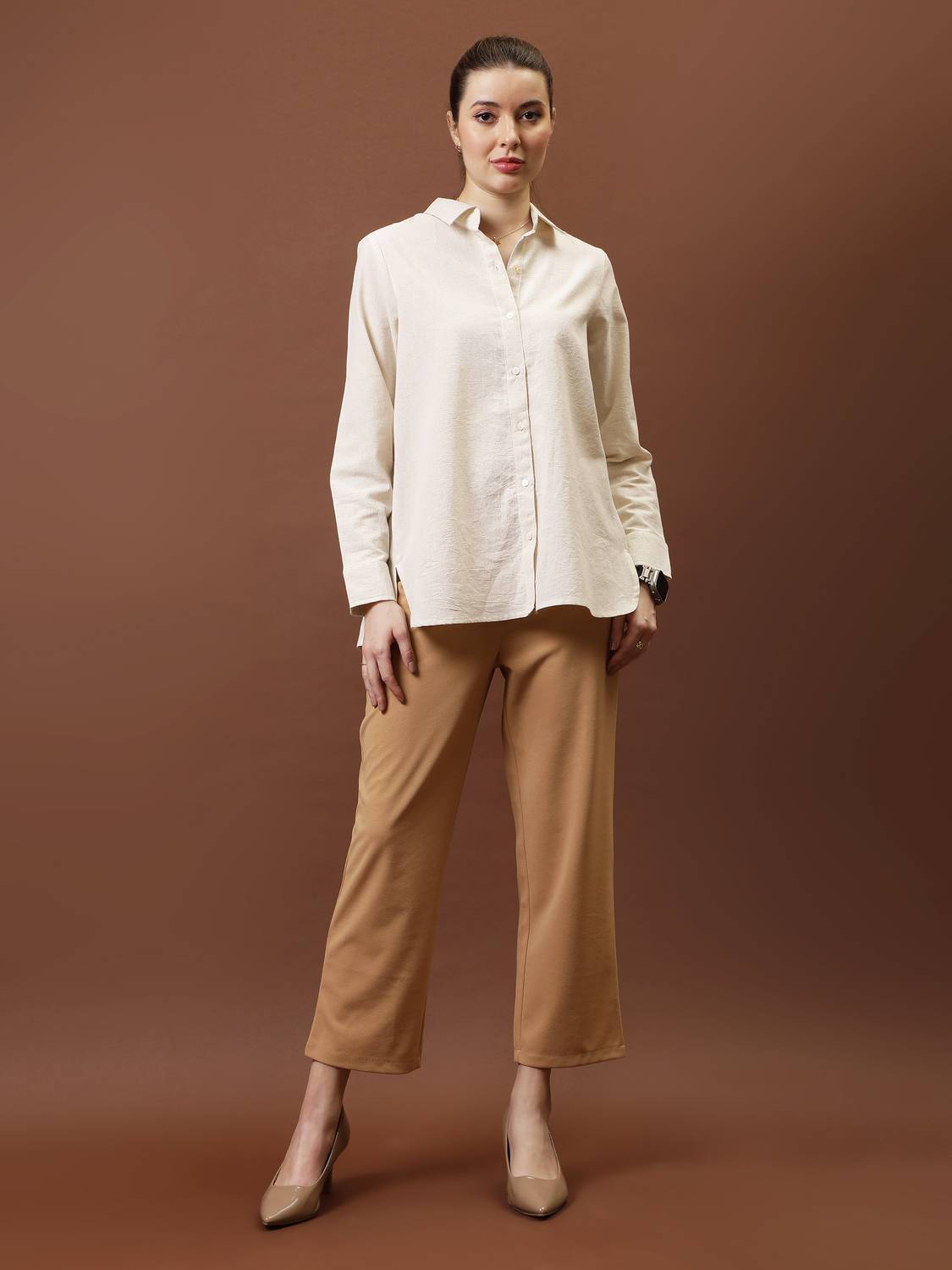 ATHENA Women Solid Casual Cream Shirt