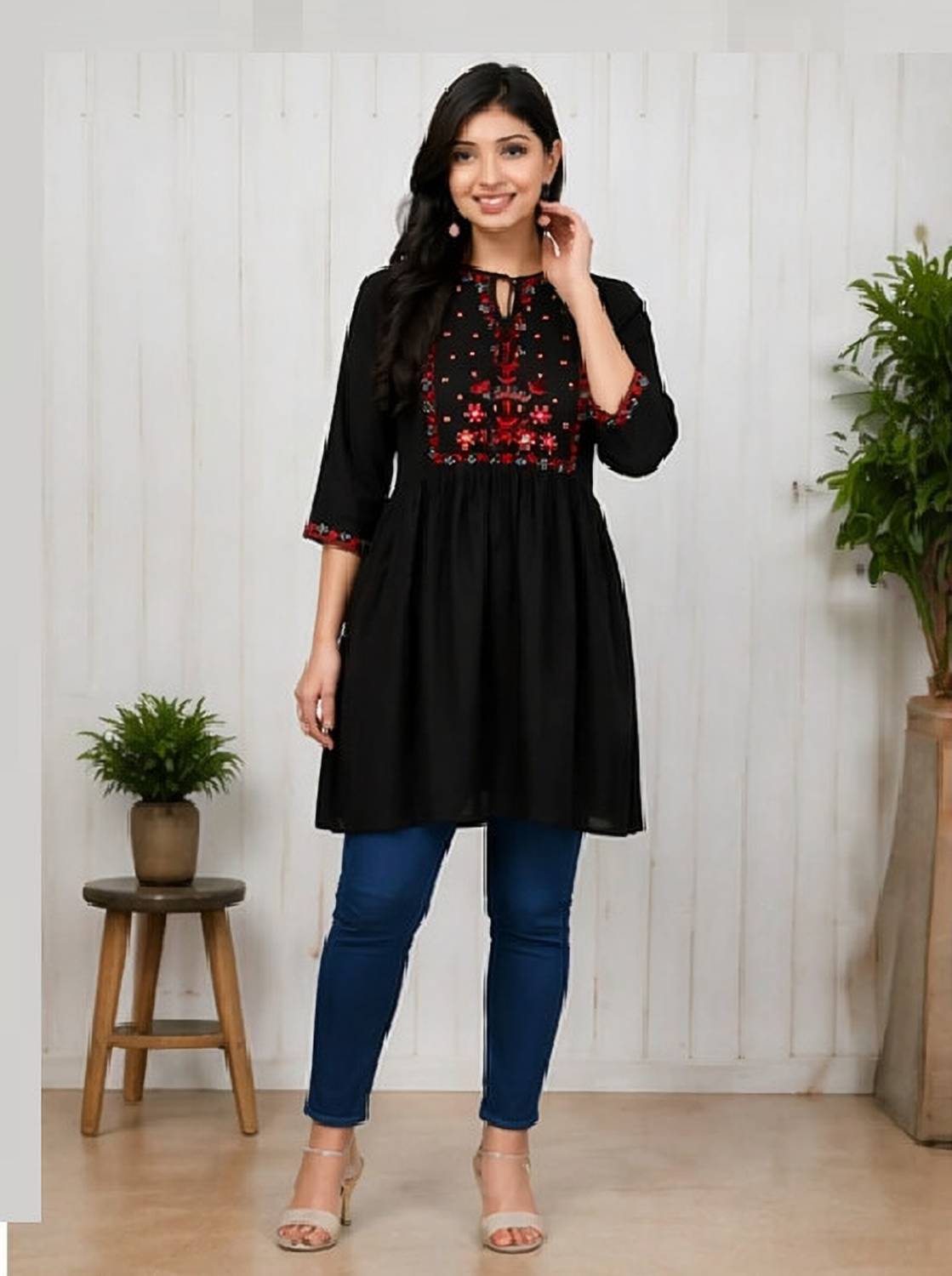 Aalso Casual Embroidered Women Black Top