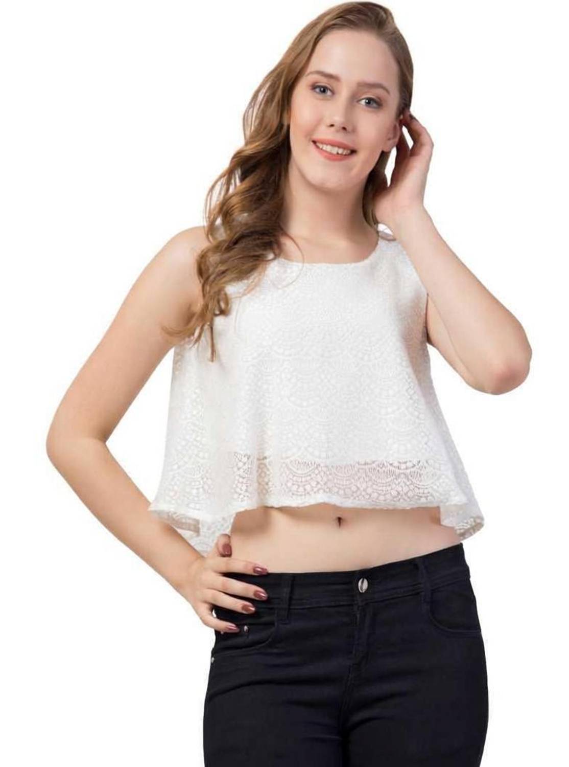 ADDICTED ATTIRE Casual Sleeveless Lace Women White Top