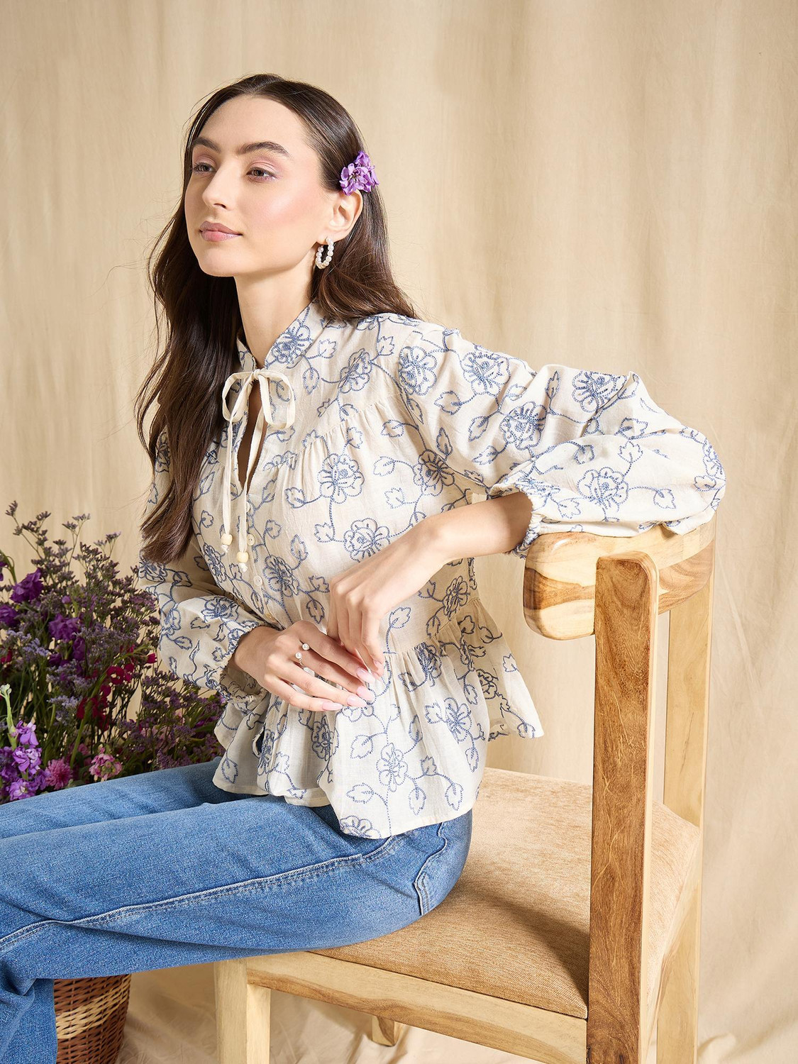 Image of DRAPE AND DAZZLE Casual Floral Print Women Blue Top