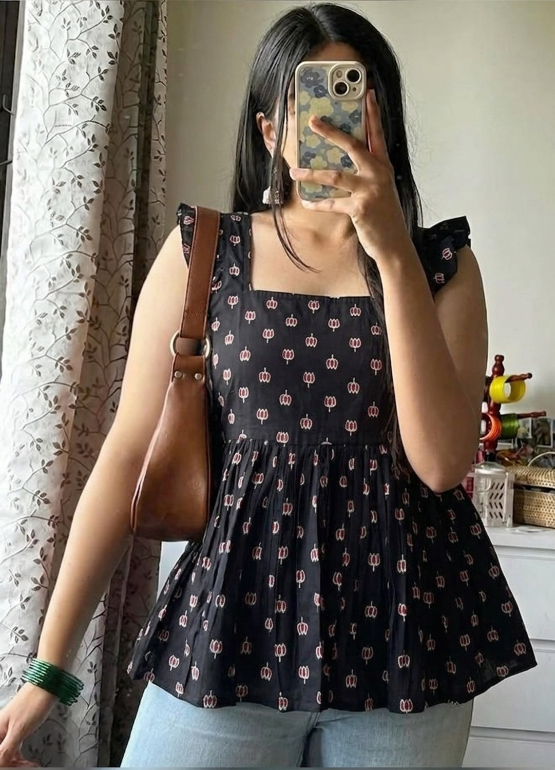 Image of RADHAJITHELABLE Casual Printed Women Black Top