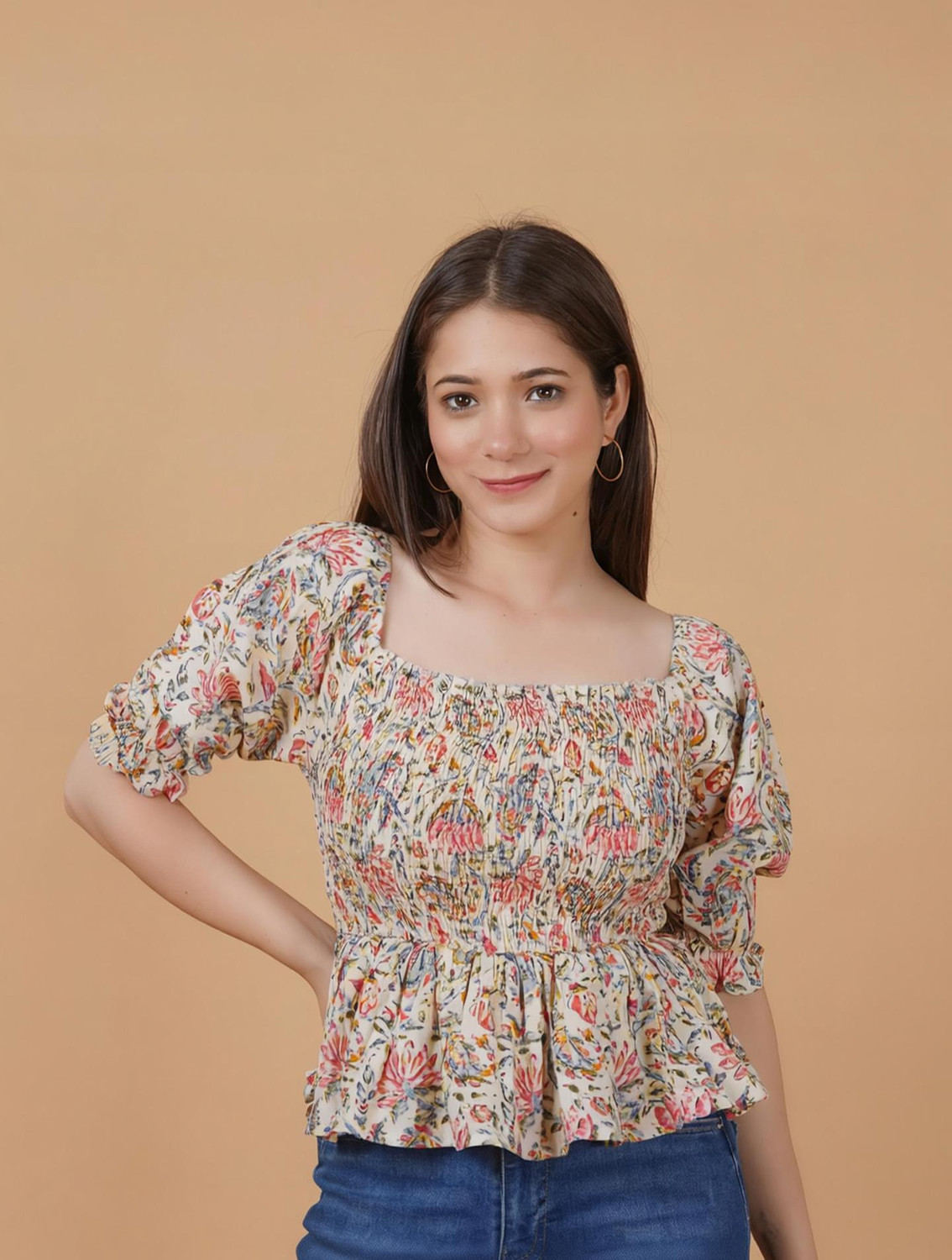 Image of INDIANIC Casual Printed Women Beige Top