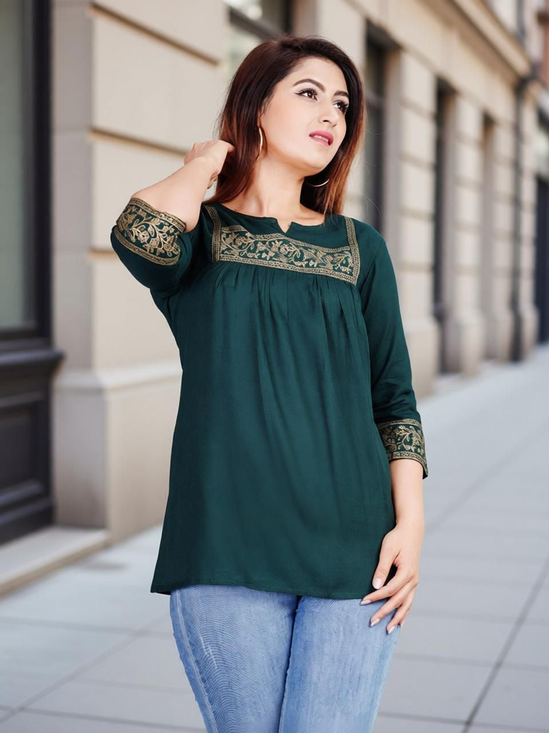 Image of Angarkha Casual Embroidered, Floral Print Women Green Top
