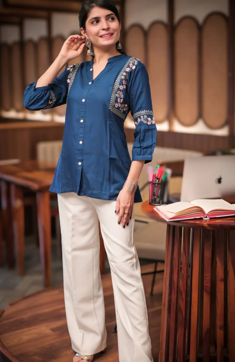 Image of reepree Casual Embroidered Women Blue Top