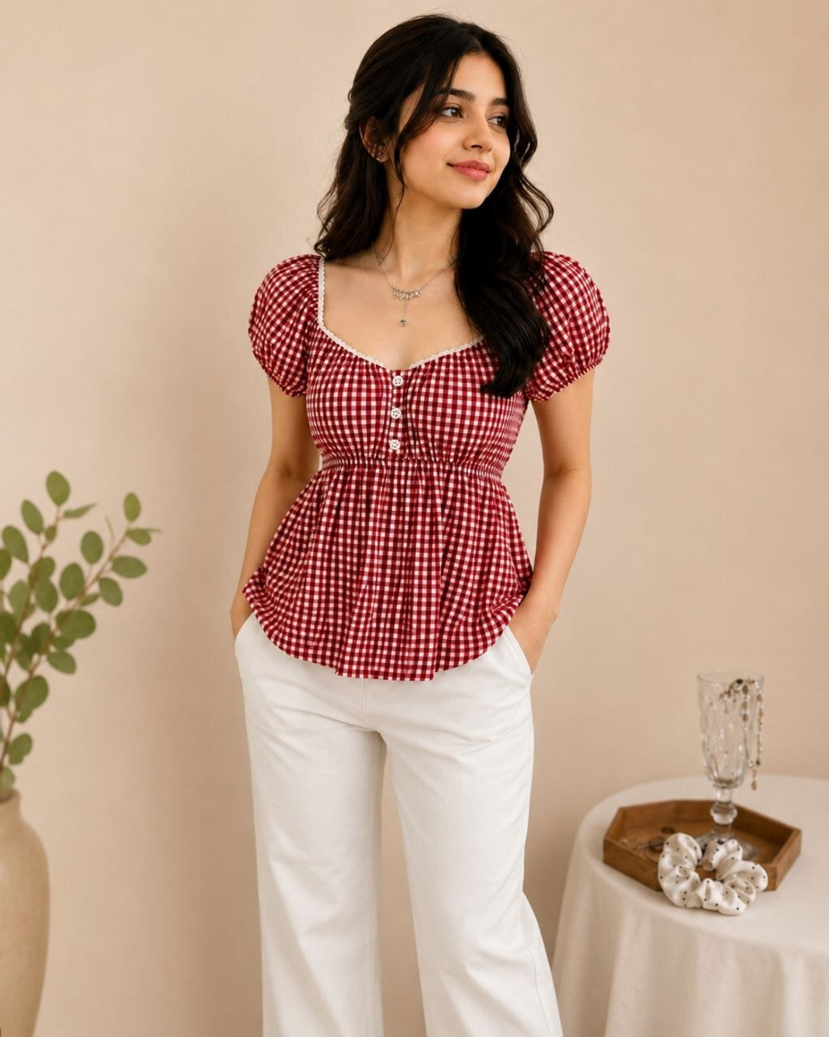 Image of Bullish Casual Checkered Women Red, White Top