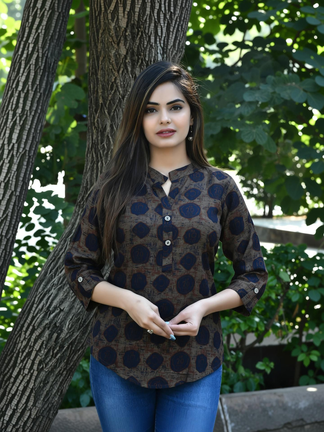 Image of FANCIFY Casual Striped Women Brown, Blue Top