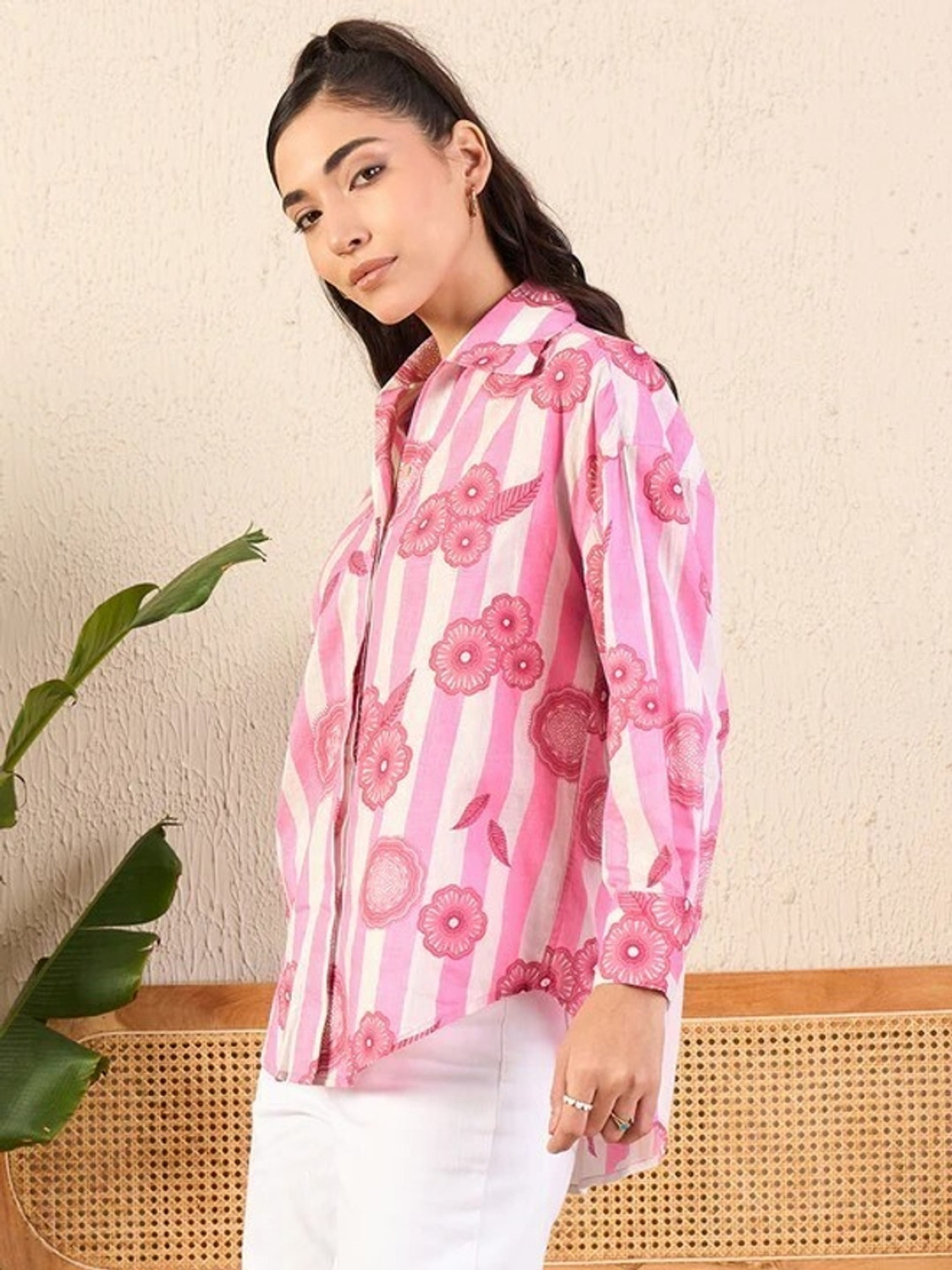 Image of Leriya Fashion Casual Striped, Floral Print Women Pink Top