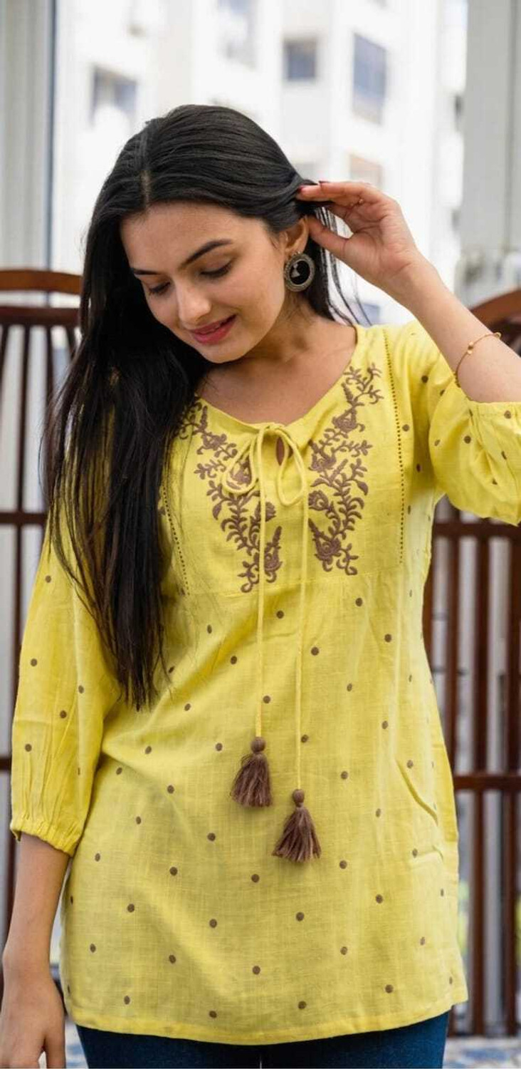 Image of RR SA KURTIS Casual 3 /4 Sleeve Embroidered, Polka Print Women Yellow Top