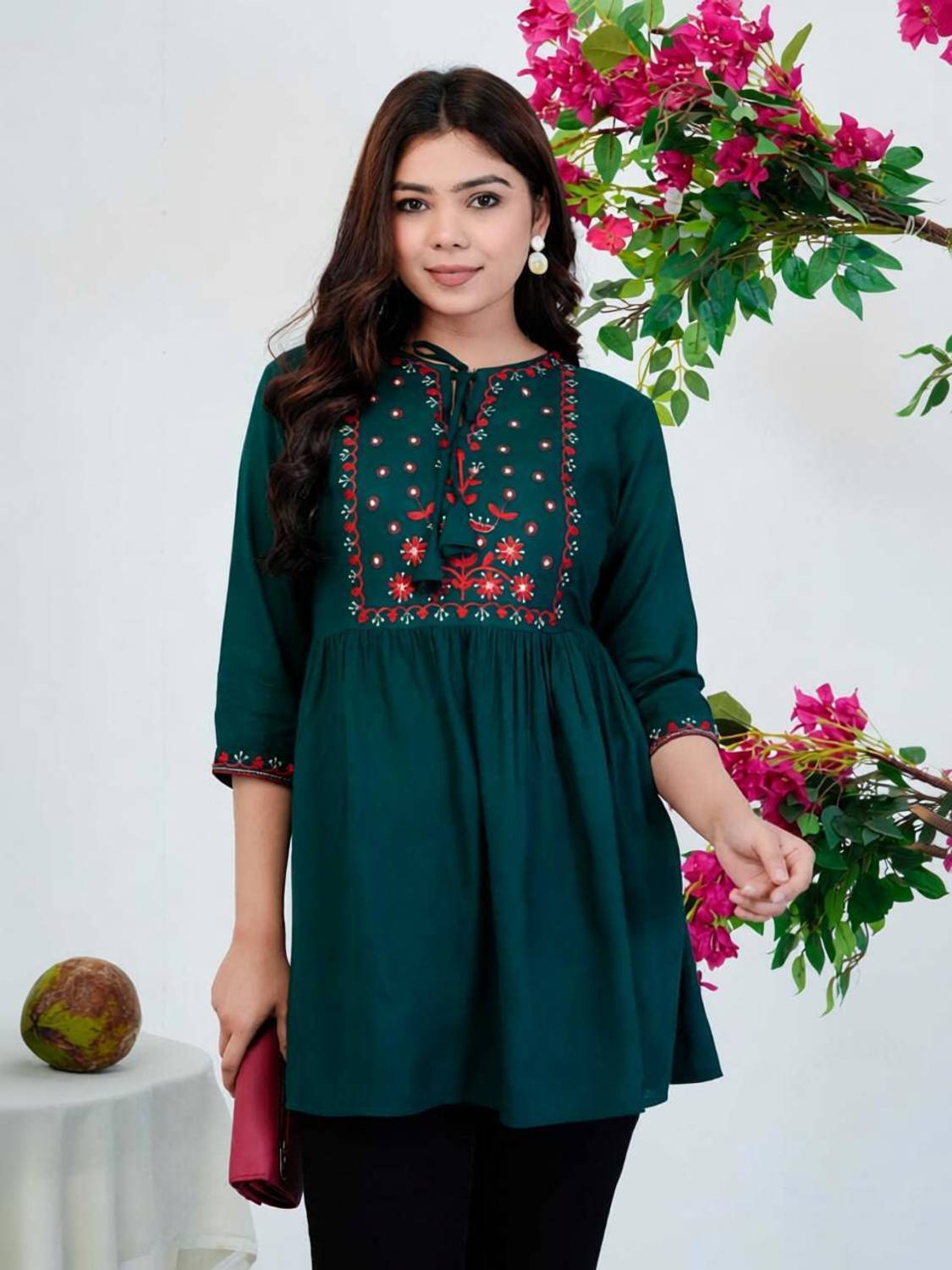 Aalso Casual Embroidered Women Dark Green Top