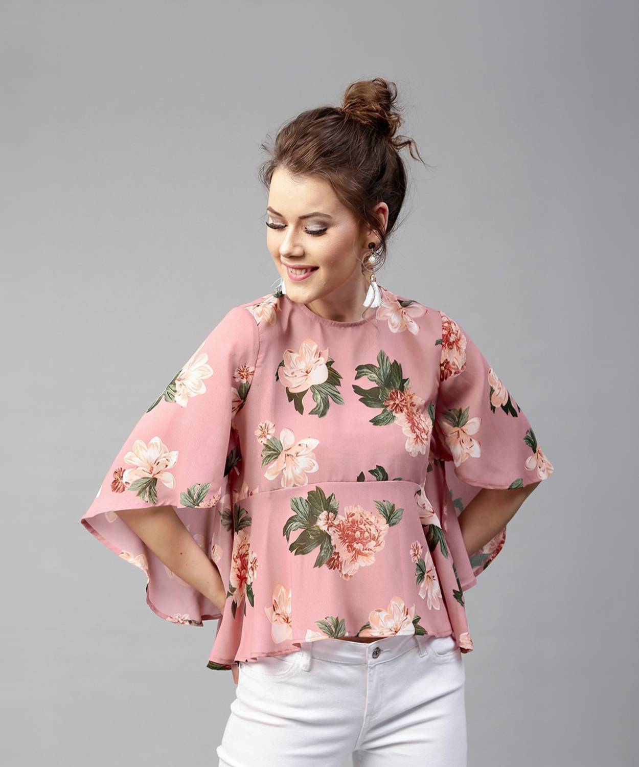 SASSAFRAS Casual Bell Sleeve Floral Print Women Pink Top - Buy