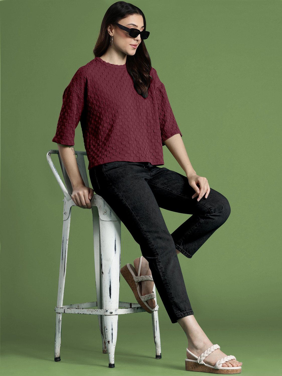 Image of FYRO Casual Self Design Women Maroon Top