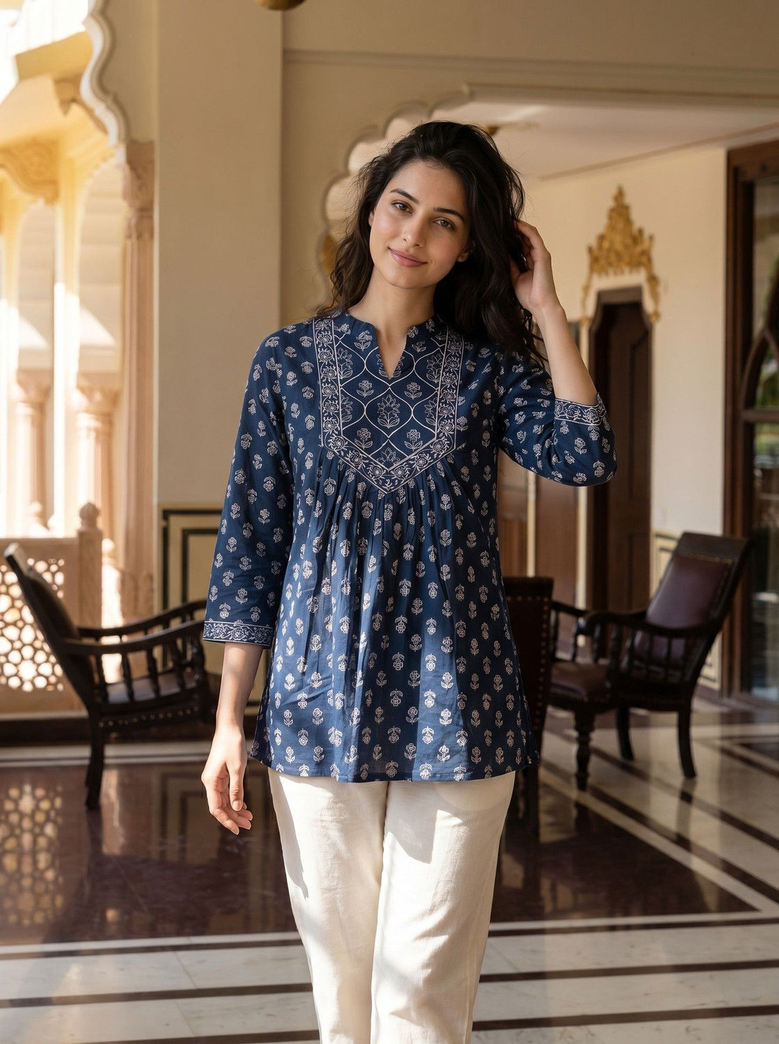 NETRAYI Casual Printed Women Blue Top
