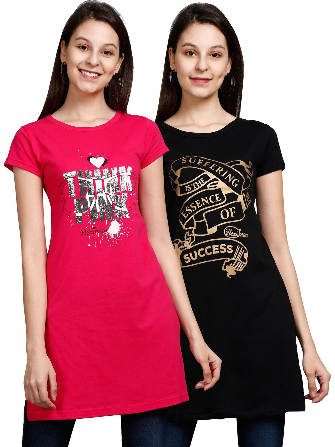 Image of Fleximaa Casual Short Sleeve Printed Women Pink, Black Top