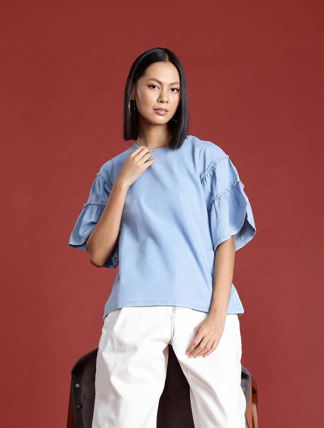 all about you Casual Solid Women Blue Top