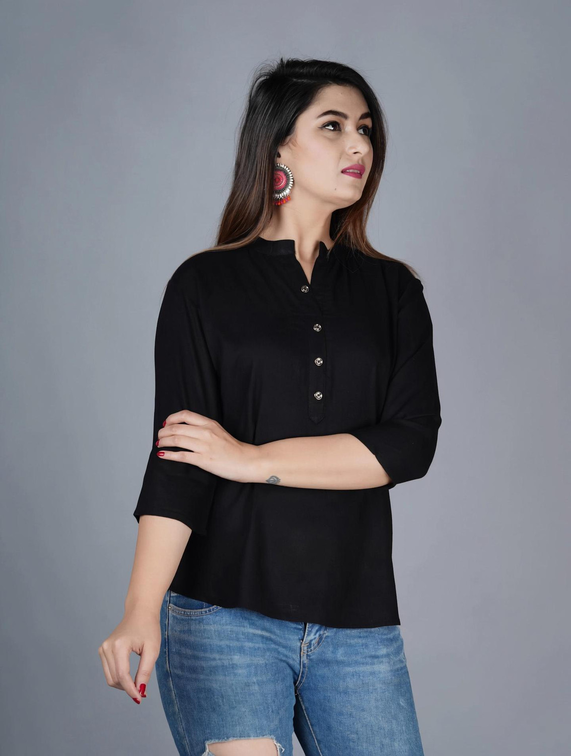 Image of DUHARIYA Casual Solid Women Black Top