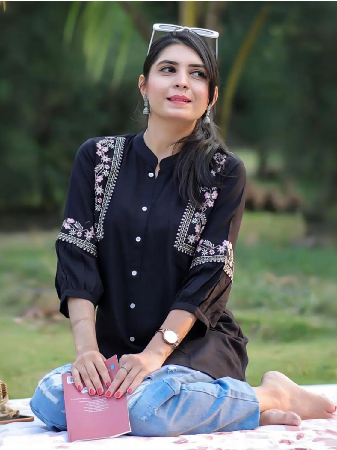 Image of reepree Casual Embroidered Women Pink Top