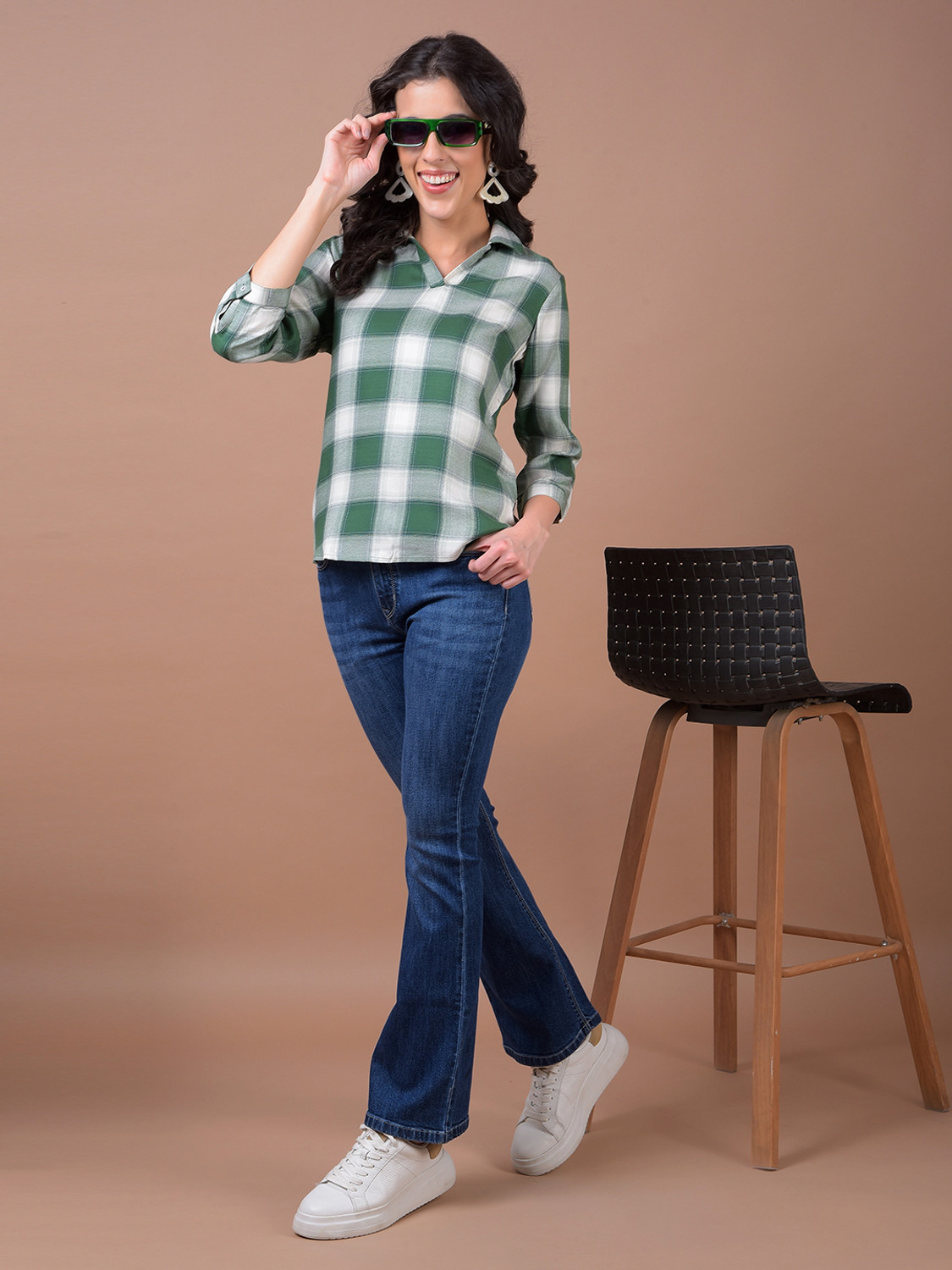 Image of CRIMSOUNE CLUB Casual Checkered Women Green Top