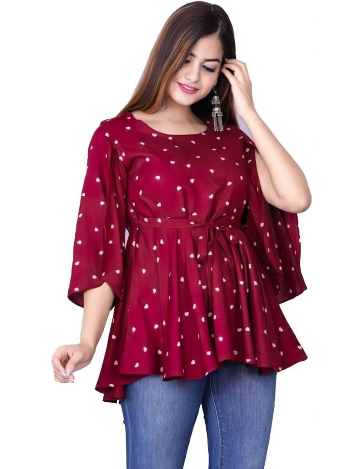 Image of DMT Ethnic Casual Printed Women White, Maroon Top