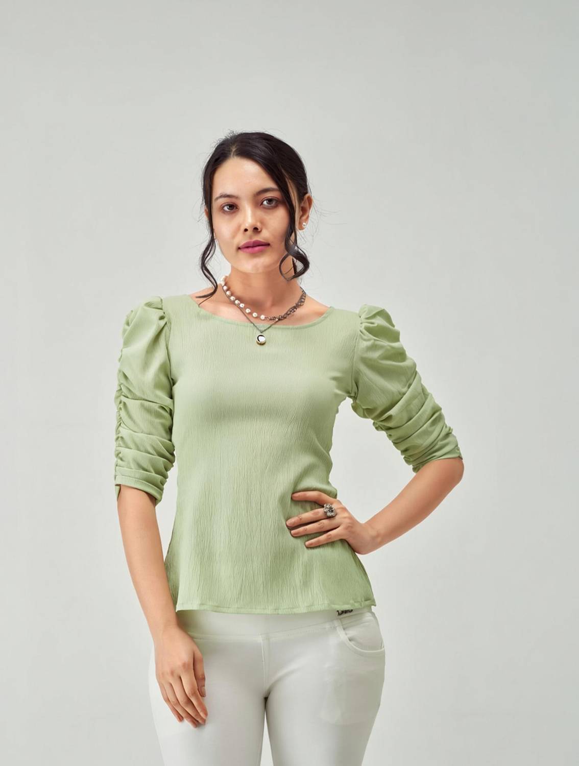 AASK Casual Solid Women Light Green Top