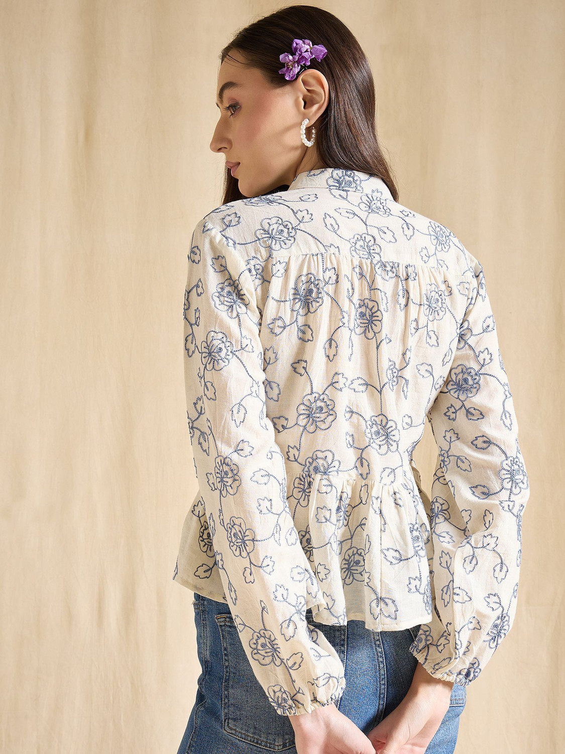Image of DRAPE AND DAZZLE Casual Floral Print Women Blue Top