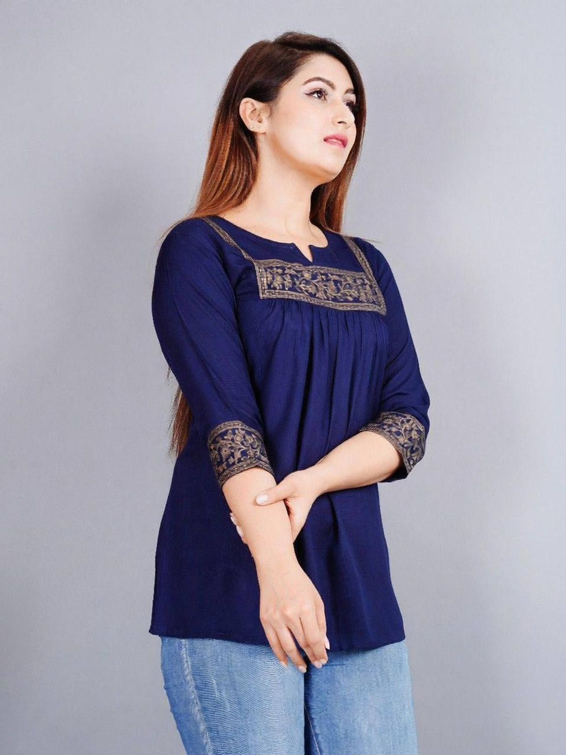 Image of Angarkha Casual Embroidered, Floral Print Women Blue Top