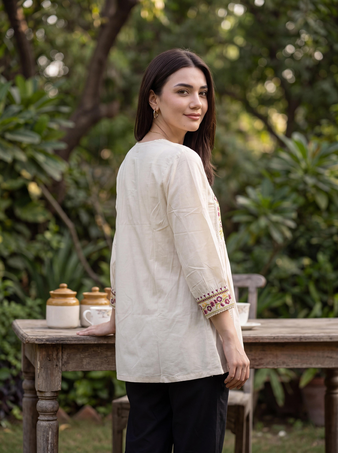 Image of MICORIA Casual Embroidered Women Beige, White Top