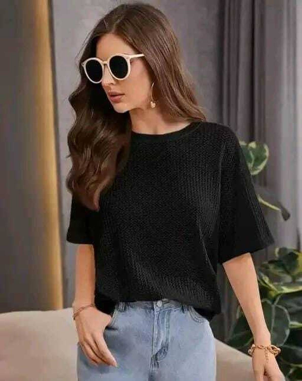 2013 USK COLLECTION Casual Solid Women Black Top