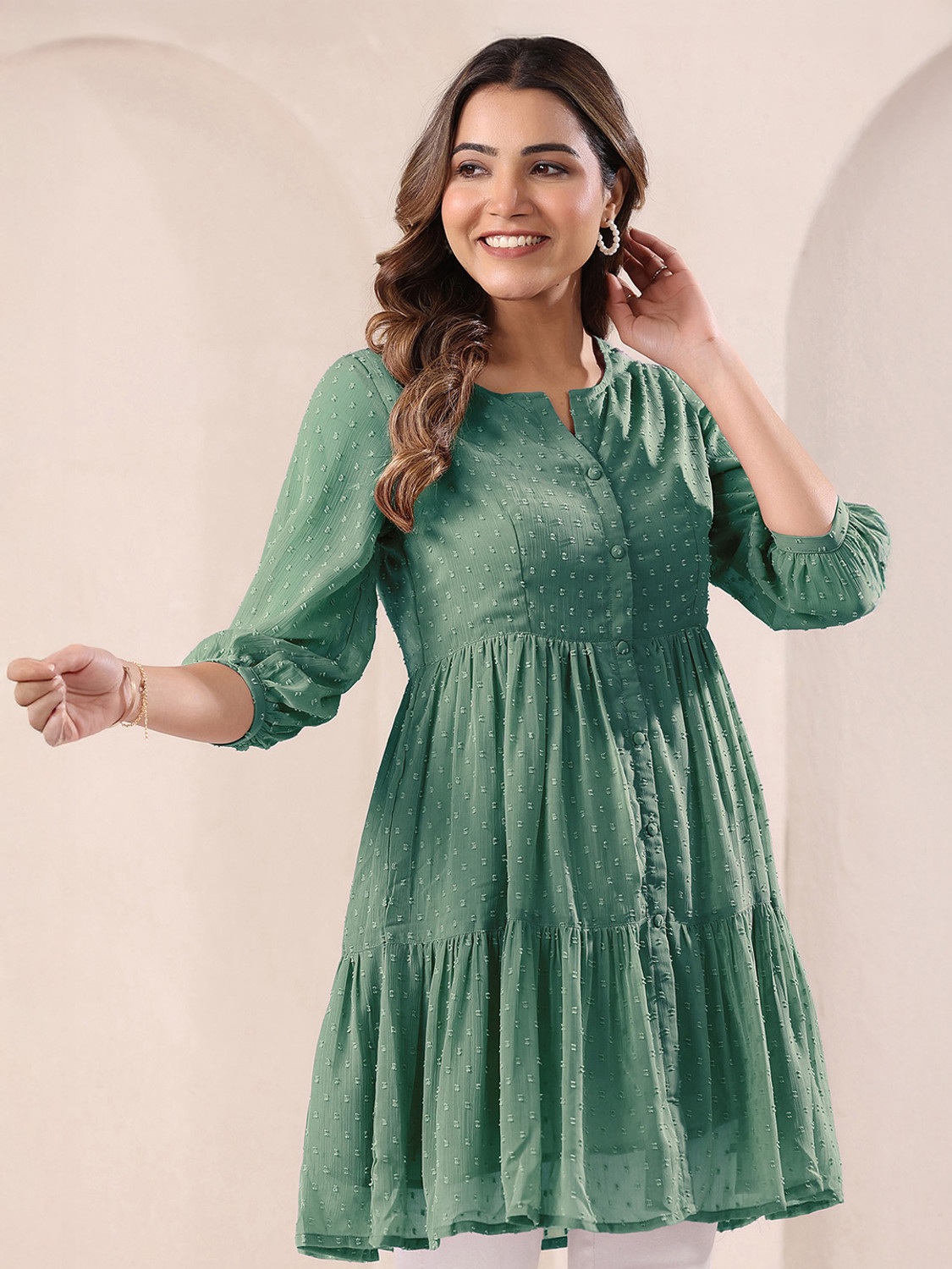 Image of Janasya Casual Polka Print Women Green Top