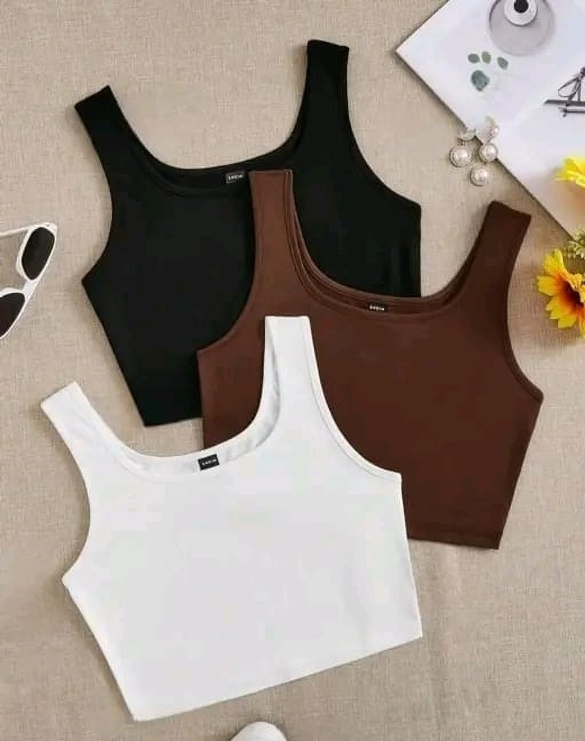 Image of TUSI Pack of 3 Casual Shoulder Straps Solid Women Black, Brown, White Top