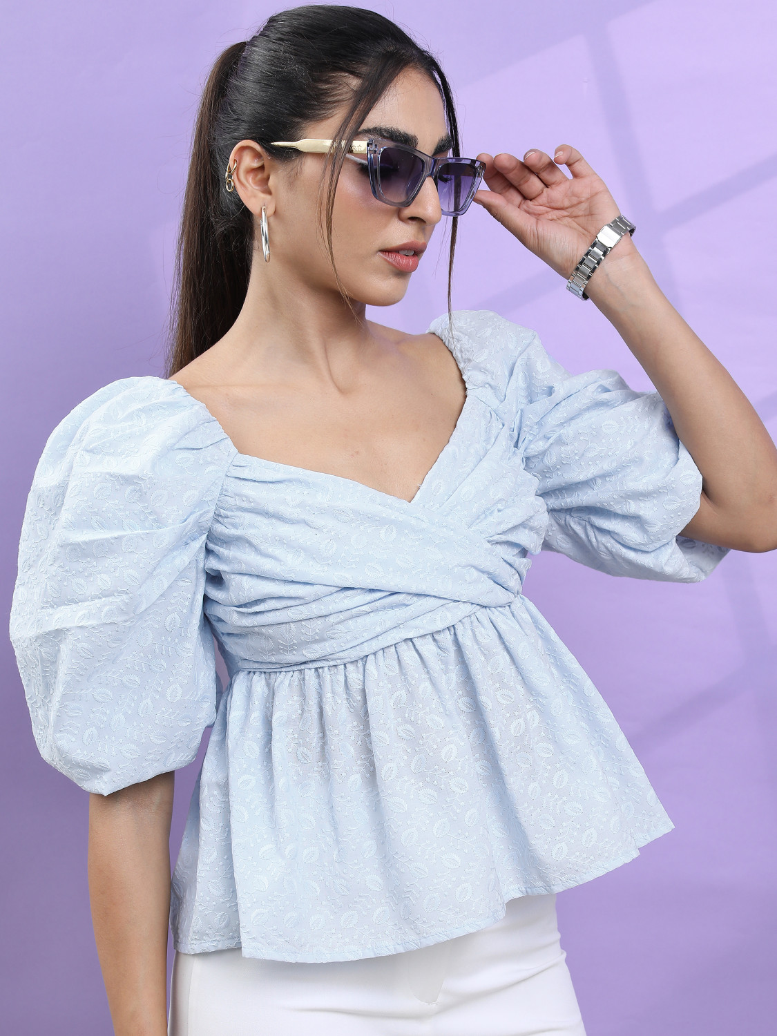 Image of Tokyo Talkies Casual Self Design Women Blue Top