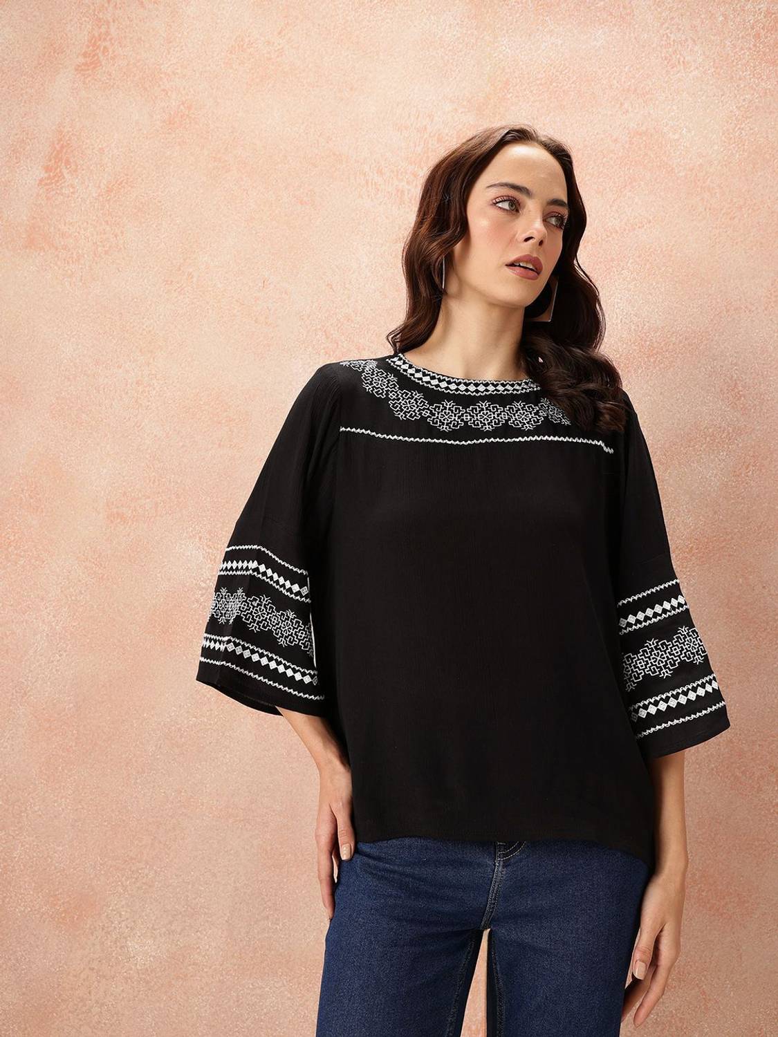 all about you Casual Embroidered Women Black Top