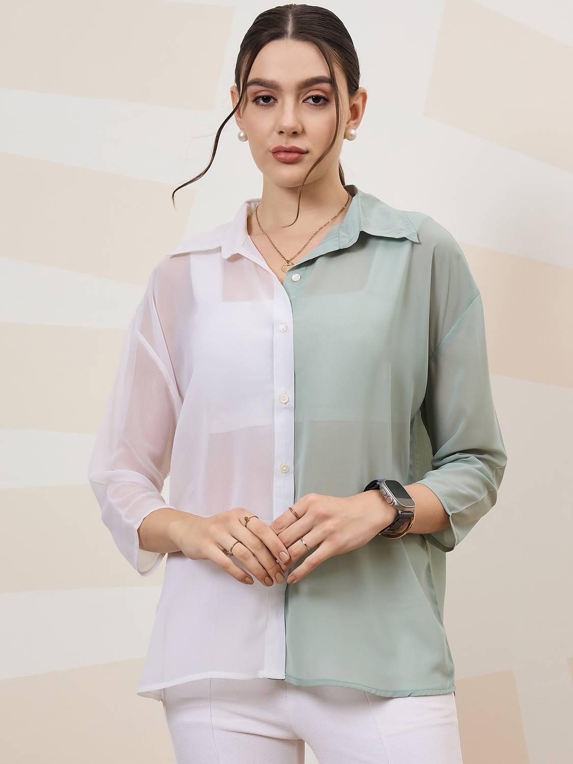 ATHENA Formal Color Block Women White Top