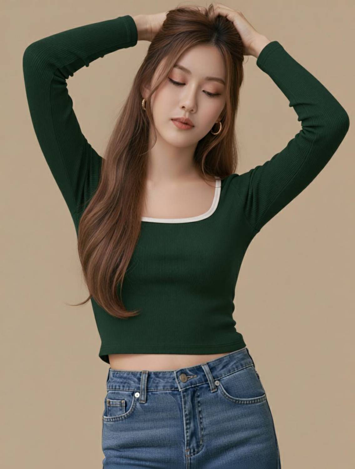 AUVA Casual Solid Women Dark Green Top