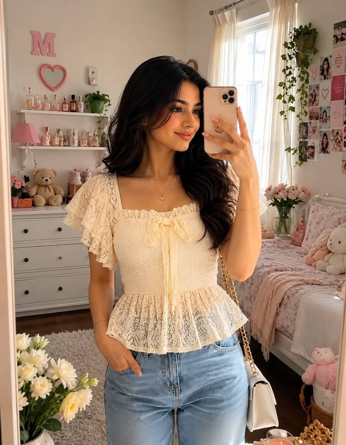 NOORI Women Beige Lace Top - Image 1