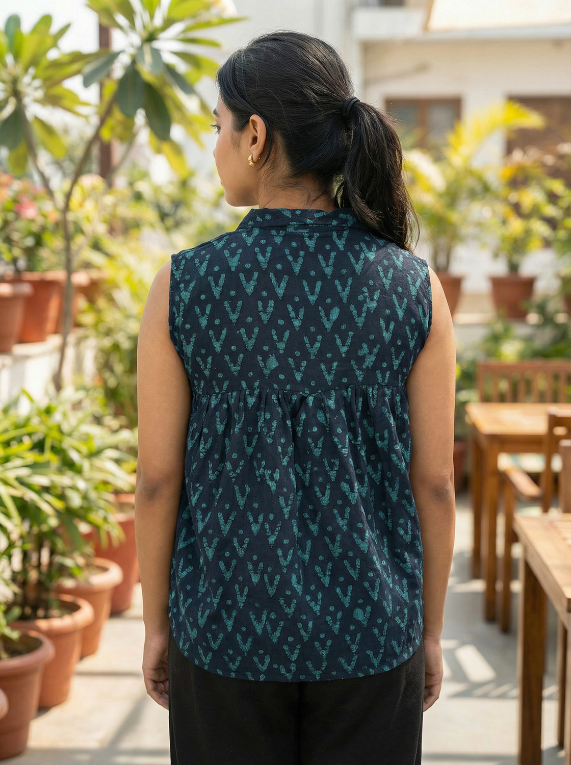 Image of Roses N Chic Casual Geometric Print Women Light Blue Top