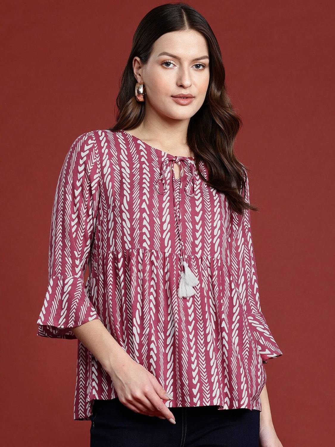 all about you Casual Printed Women Maroon, White Top