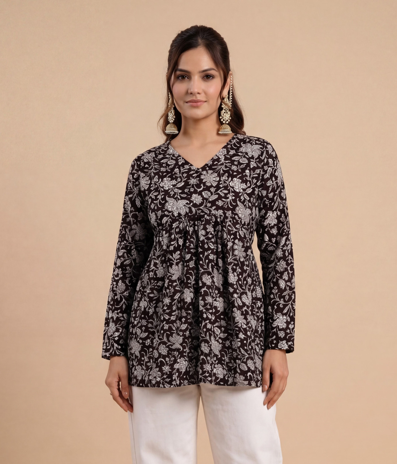 Image of glamson Casual Floral Print, Printed Women Black Top