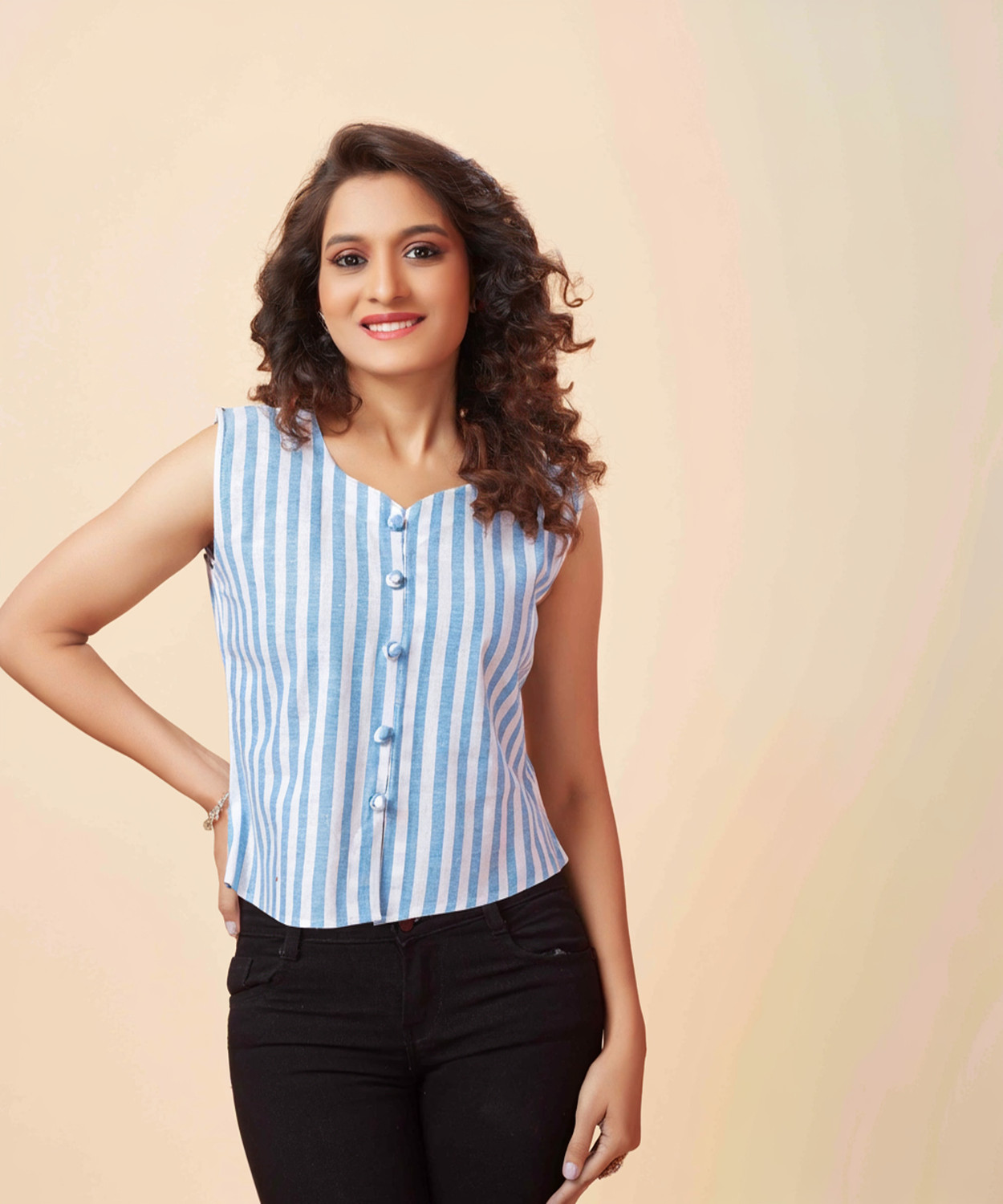 Image of Glomee Casual Striped Women Light Blue Top