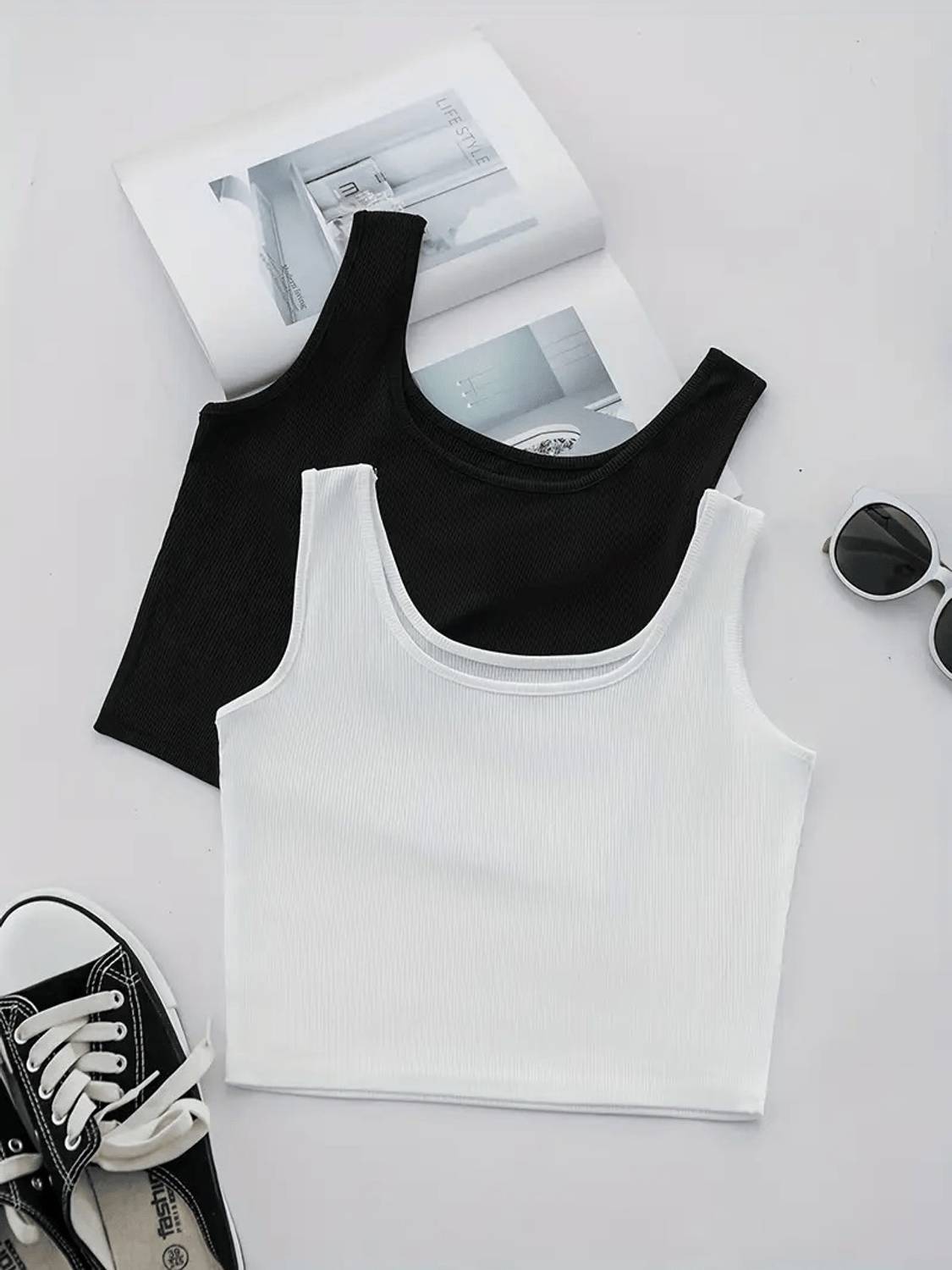 Pack of 2 Casual Sleeveless Solid Women Black, White Top