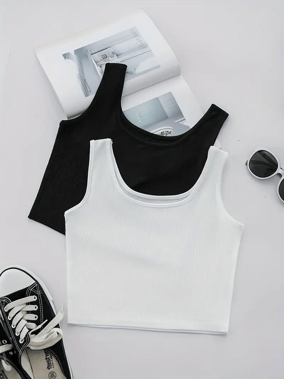 Image of Preeo Pack of 2 Casual Sleeveless Solid Women Black, White Top