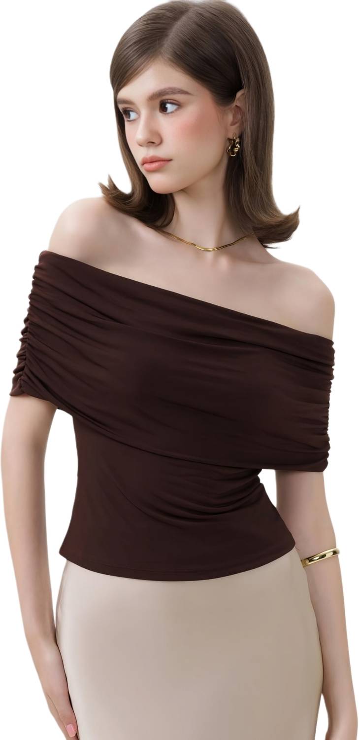 SIGHTBOMB Formal Off Shoulder Sleeve Solid Women Brown Top
