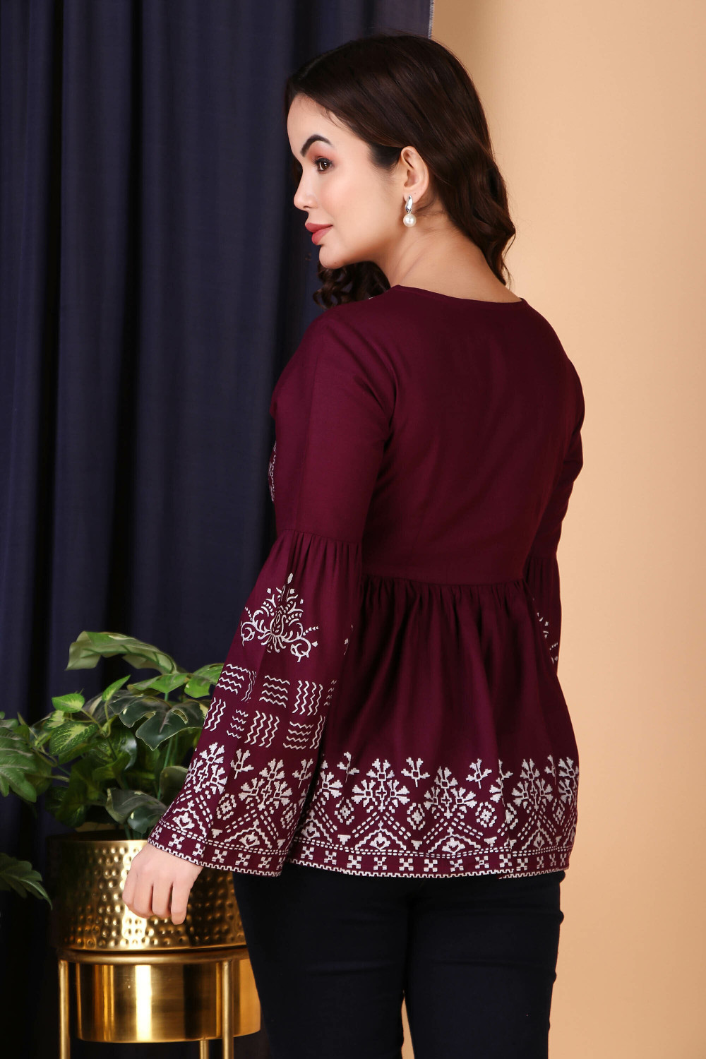 Image of Yuvanj Printed Viscose Rayon High Low Kurta for Women (Maroon)