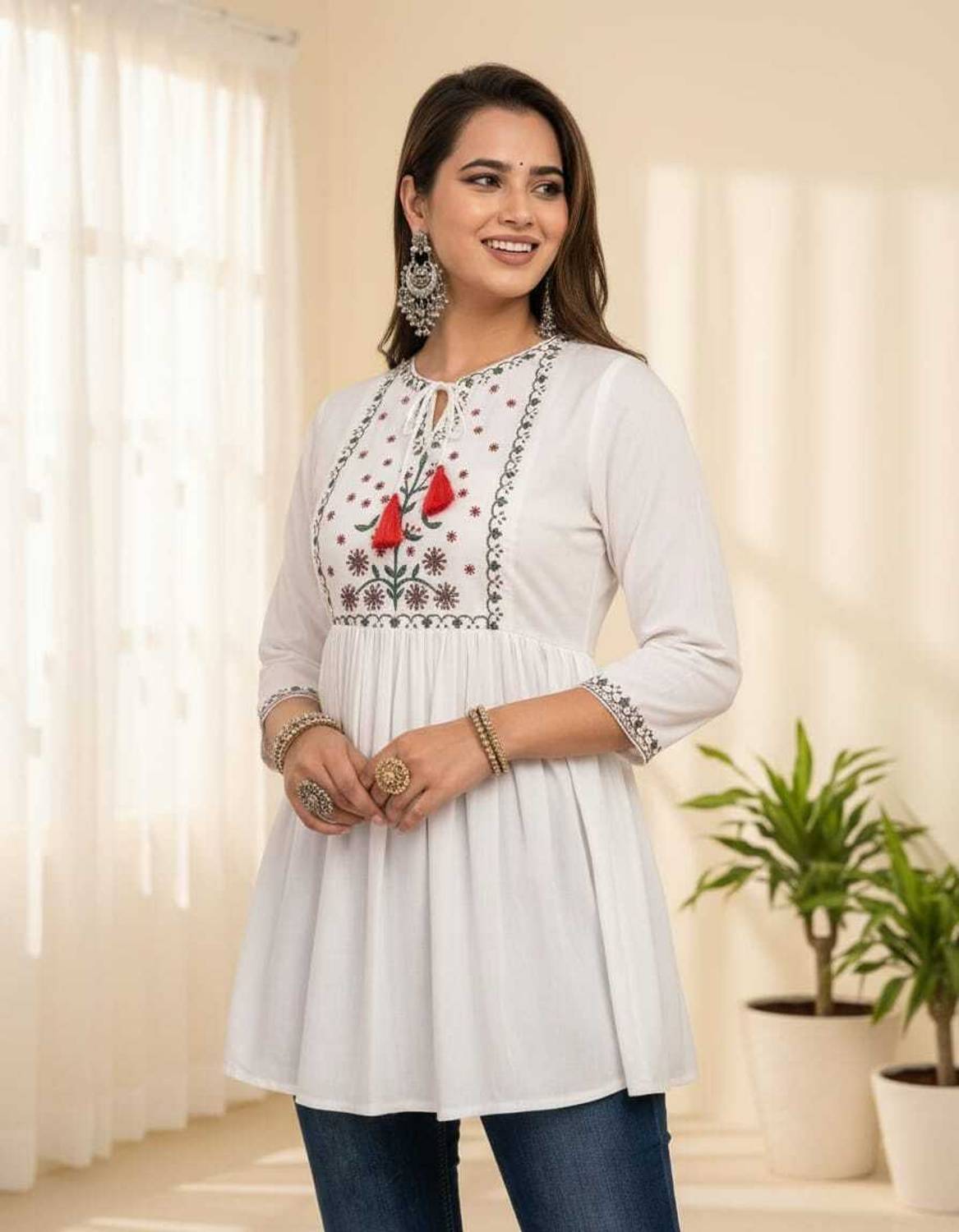 NSSFASHION Casual Embroidered Women White Top