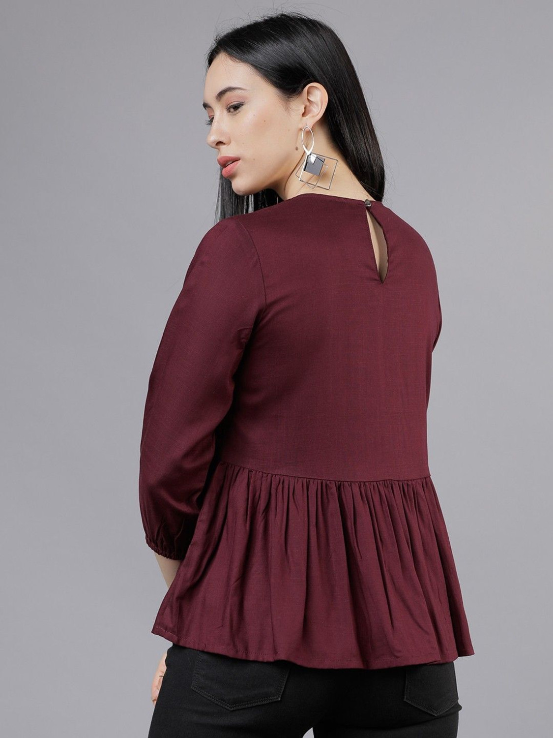 Image of Tokyo Talkies Casual 3 /4 Sleeve Solid Women Maroon Top