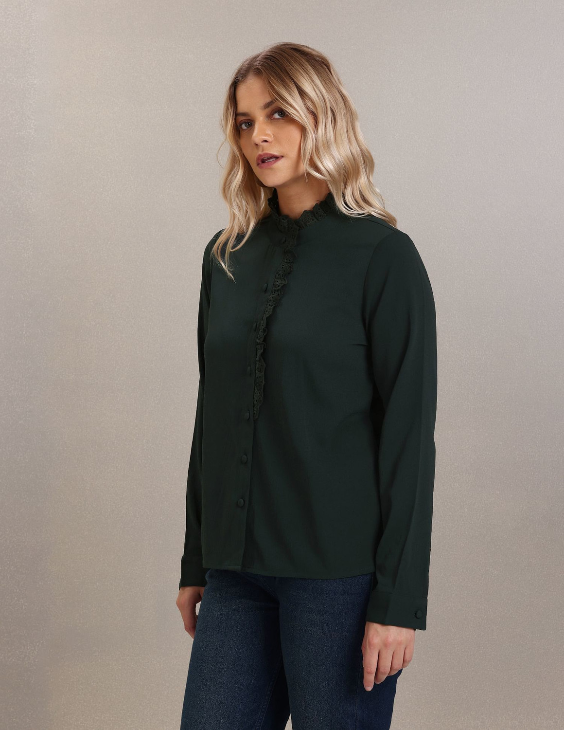 Image of U.S. POLO ASSN. Casual Solid, Lace Women Dark Green Top