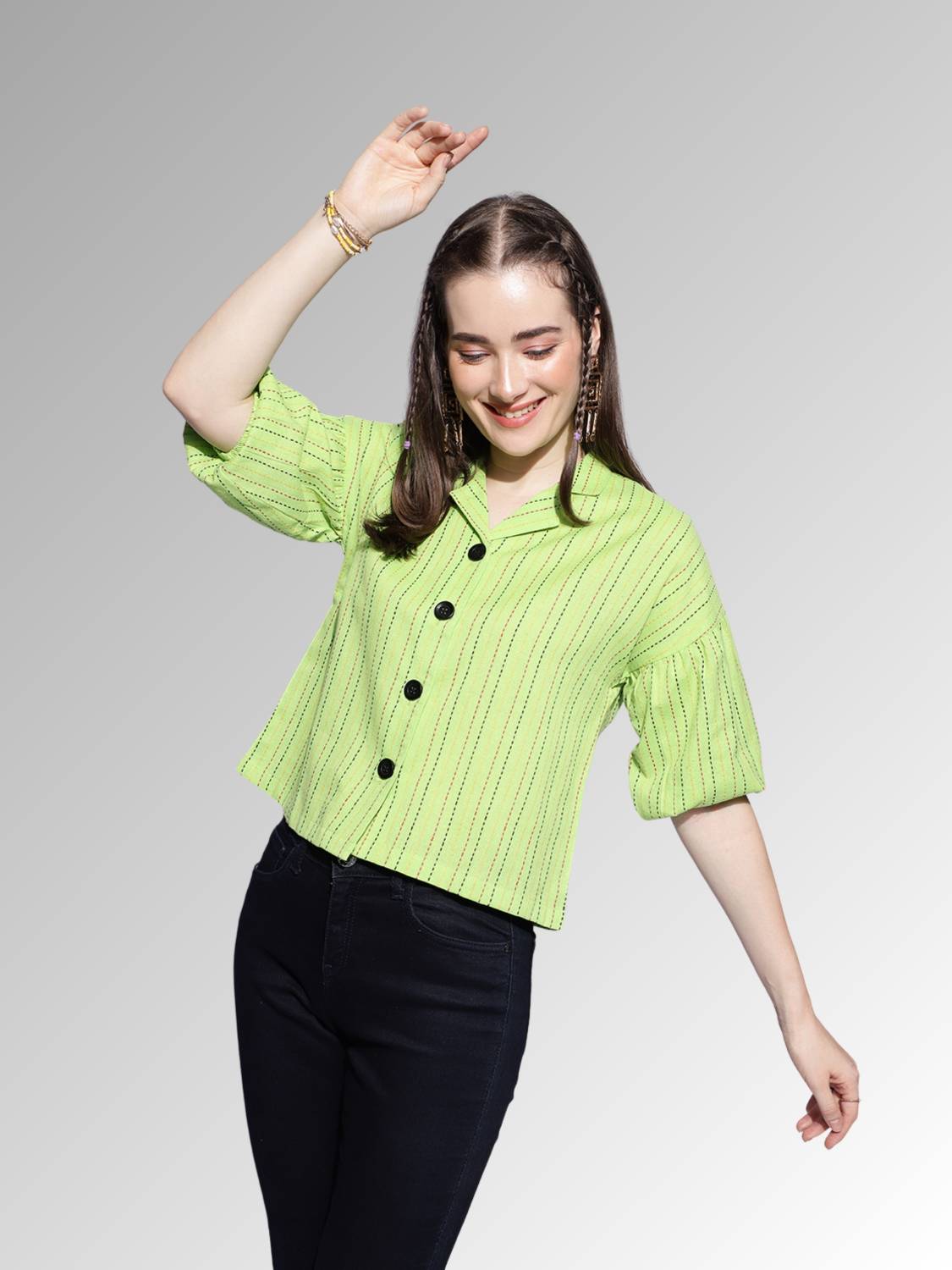 Bollyqueen Casual Striped Women Light Green Top