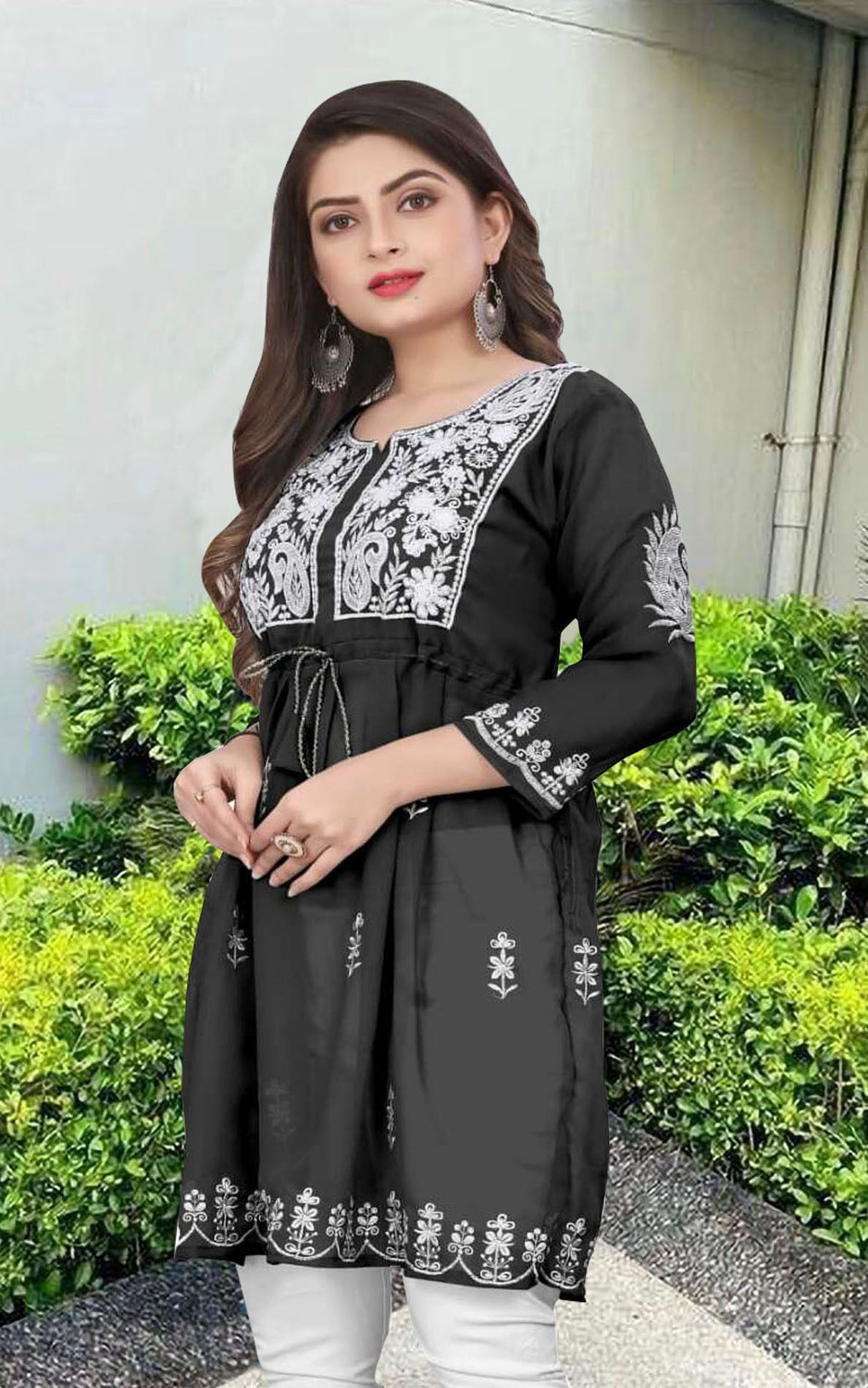 Image of KRULRIN Casual Embroidered Women Black Top