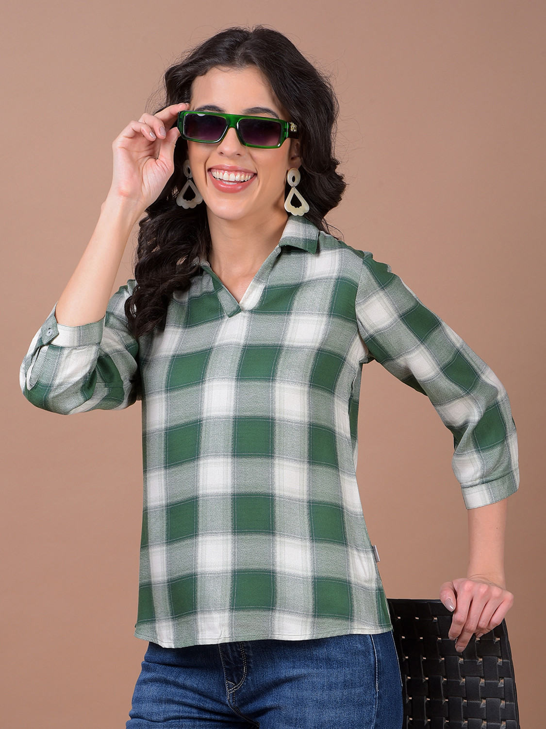 Image of CRIMSOUNE CLUB Casual Checkered Women Green Top