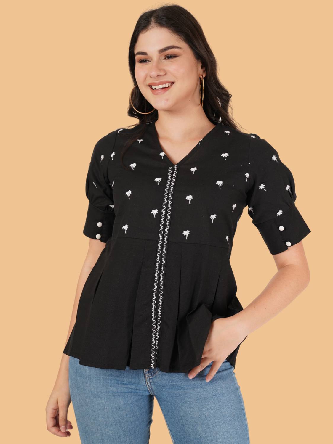 Brownverse Casual Embroidered Women Black Top